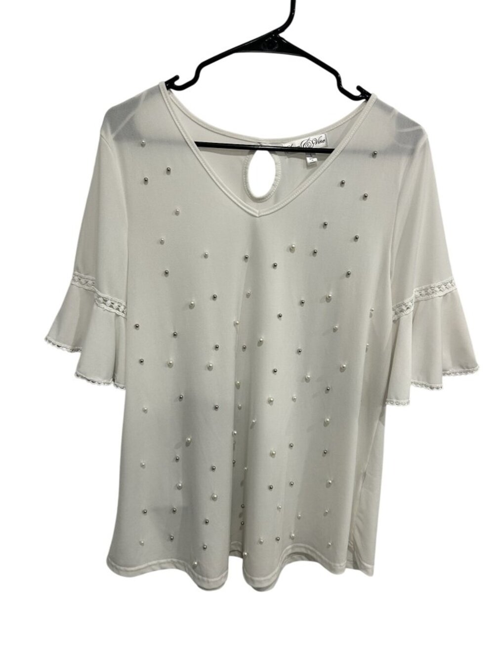 Stem & Vine White Pearl Embellished Ruffle Sleeve Blouse Sz L Coquette Romantic